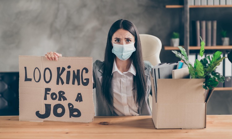 I Need Work Frustrated Stressed Girl Ceo Marketer Banker Sit Table Desk Lose Job Company Covid Economics Crisis Show Cardboard Text Box Wear Medical Mask Blazer Jacket Workplace Min