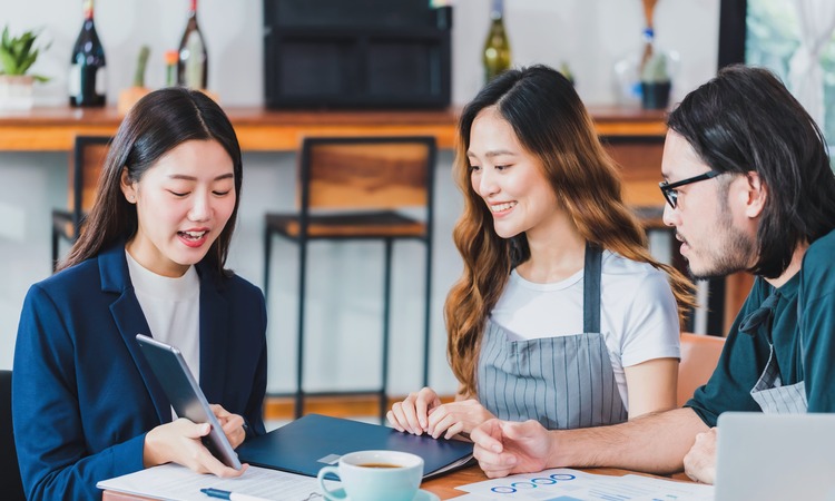 Asian Business Women Talking About Business Plan With Coffee Shop Owner Barista Cafe Min